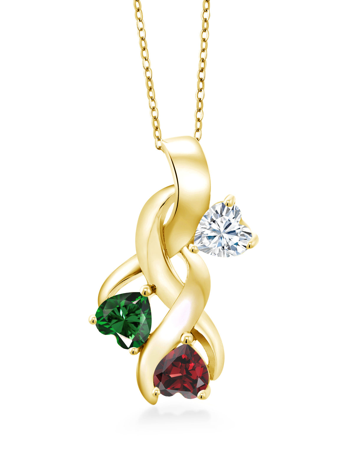 18K Yellow Gold Plated Silver White Moissanite Green Nano Emerald Red Garnet Heart Shape Pendant H84929