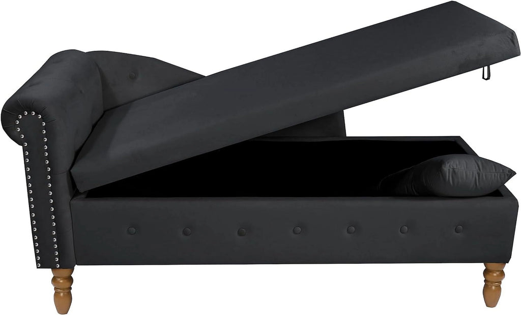 Black Velvet Chaise Lounge Chair with Storage & Pillow Y4743