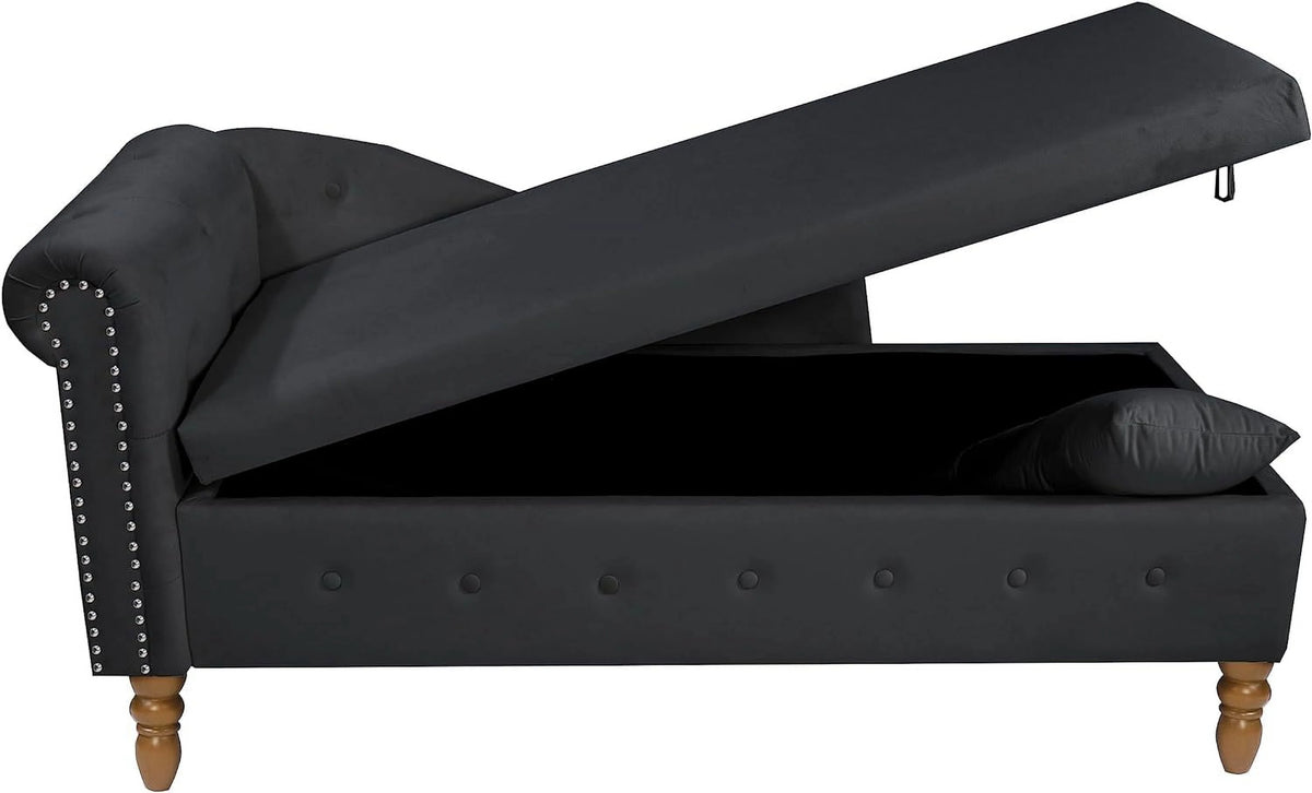 Black Velvet Chaise Lounge Chair with Storage & Pillow Y4743
