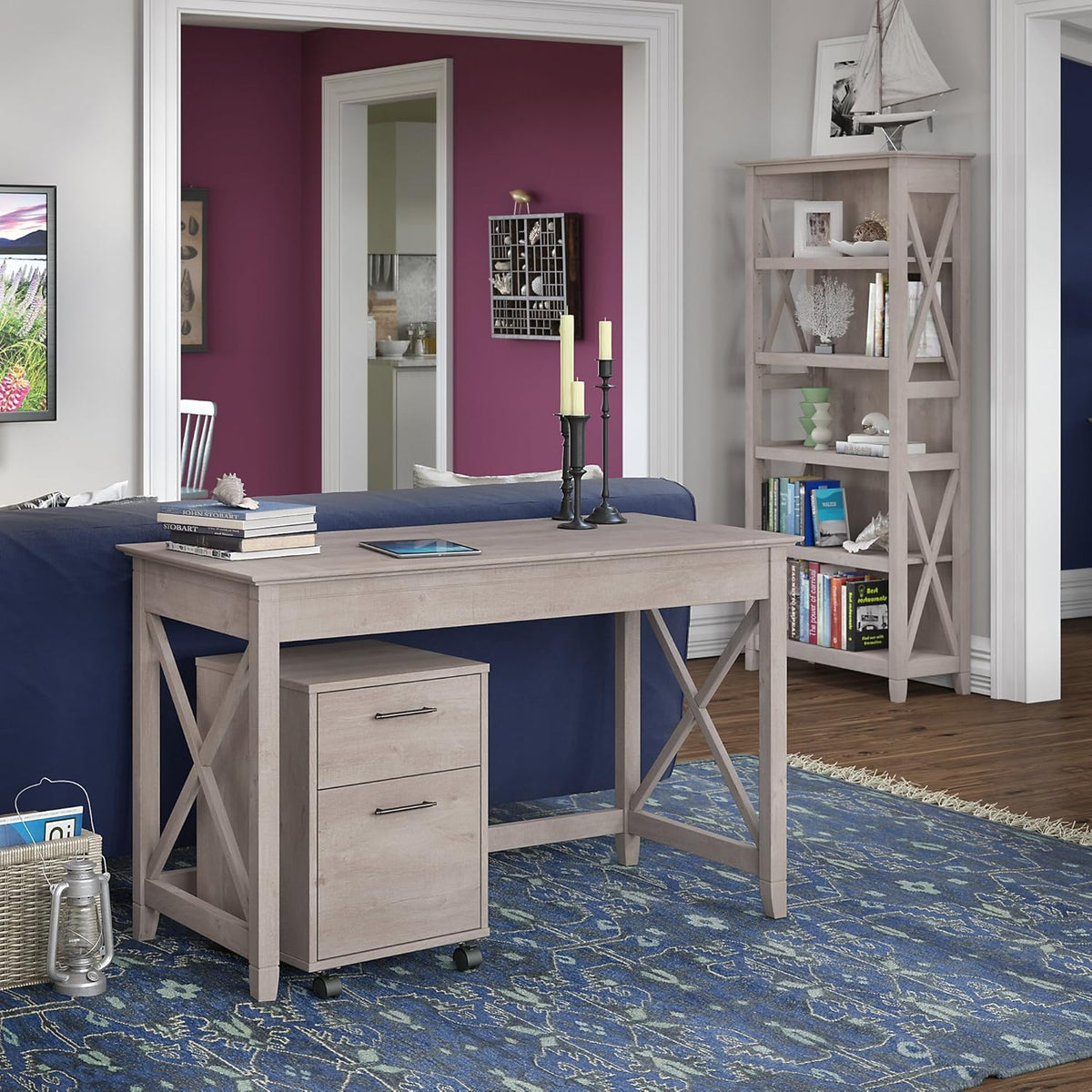 54W Computer Desk with Storage, 2 Drawer Mobile File Cabinet and 5 Shelf Bookcase in Bing Cherry V746584