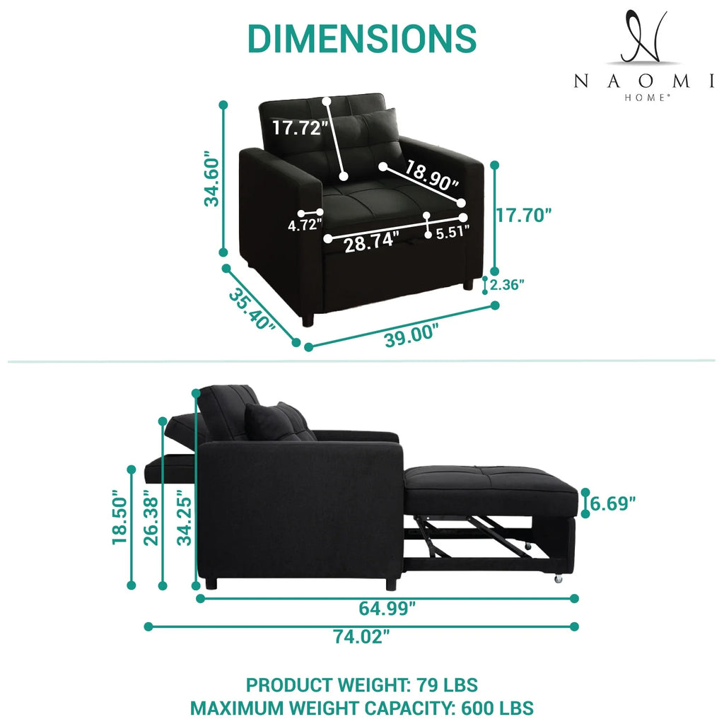 Black 3 in 1 Convertible Chair Bed Sleeper with Pillow S631867