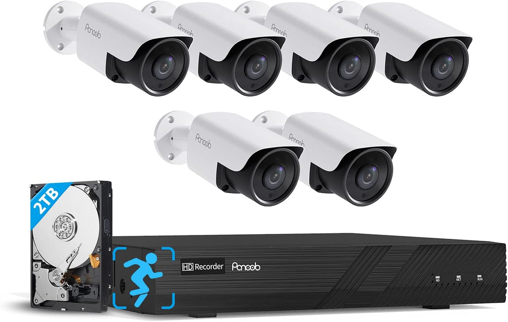 4K PoE Security Camera System with 2TB HDD NVR, 6pcs 8MP Bullet Cameras T1050