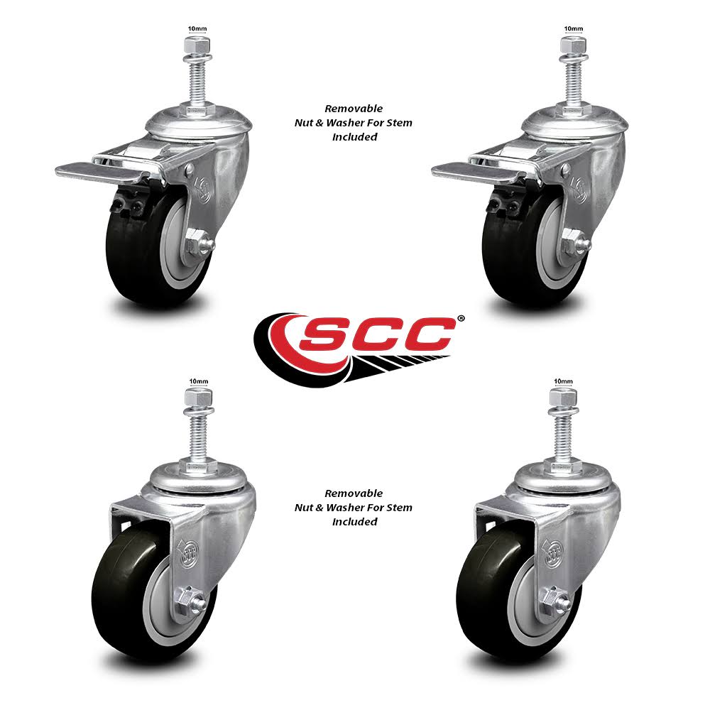 Set of 4 Polyurethane Swivel Threaded Stem Casters with Black Wheels P66153
