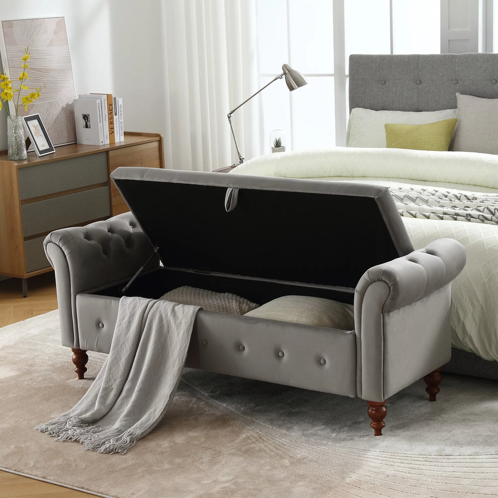Gray Velvet Upholstered Storage Bench with Arms Y419