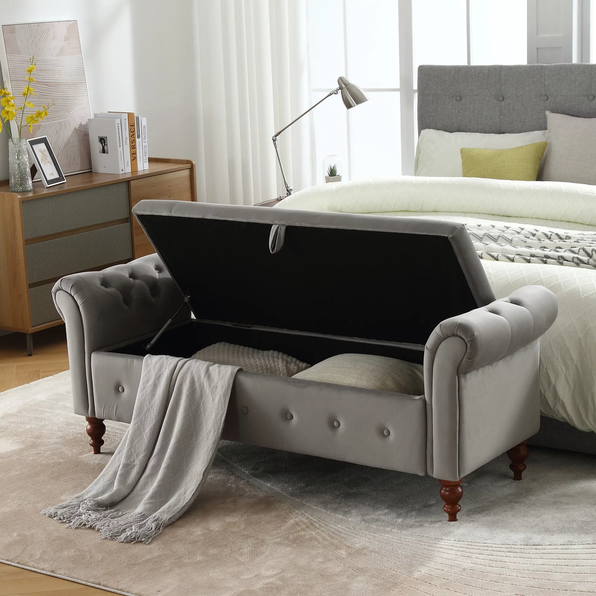Gray Velvet Upholstered Storage Bench with Arms Y419