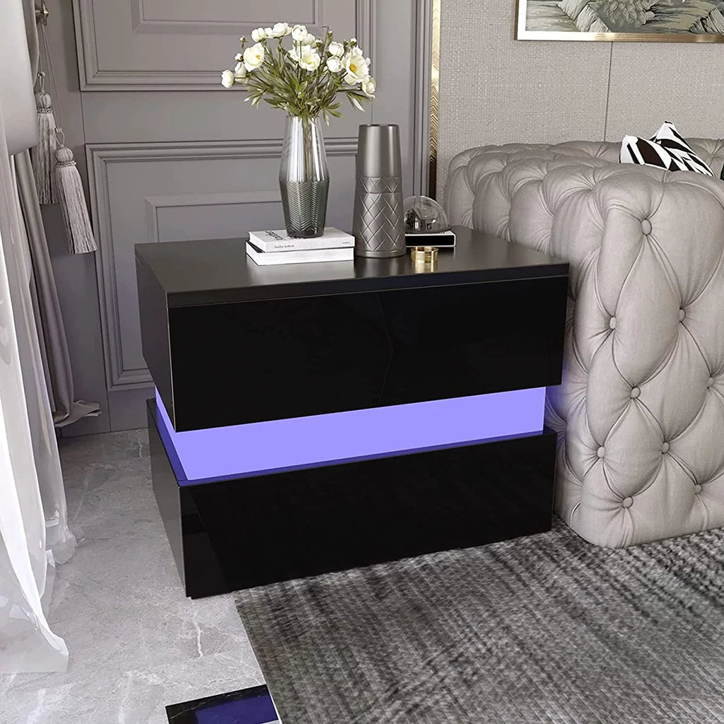 Black LED Nightstand Set of 2 with 2 Storage Drawers L1425