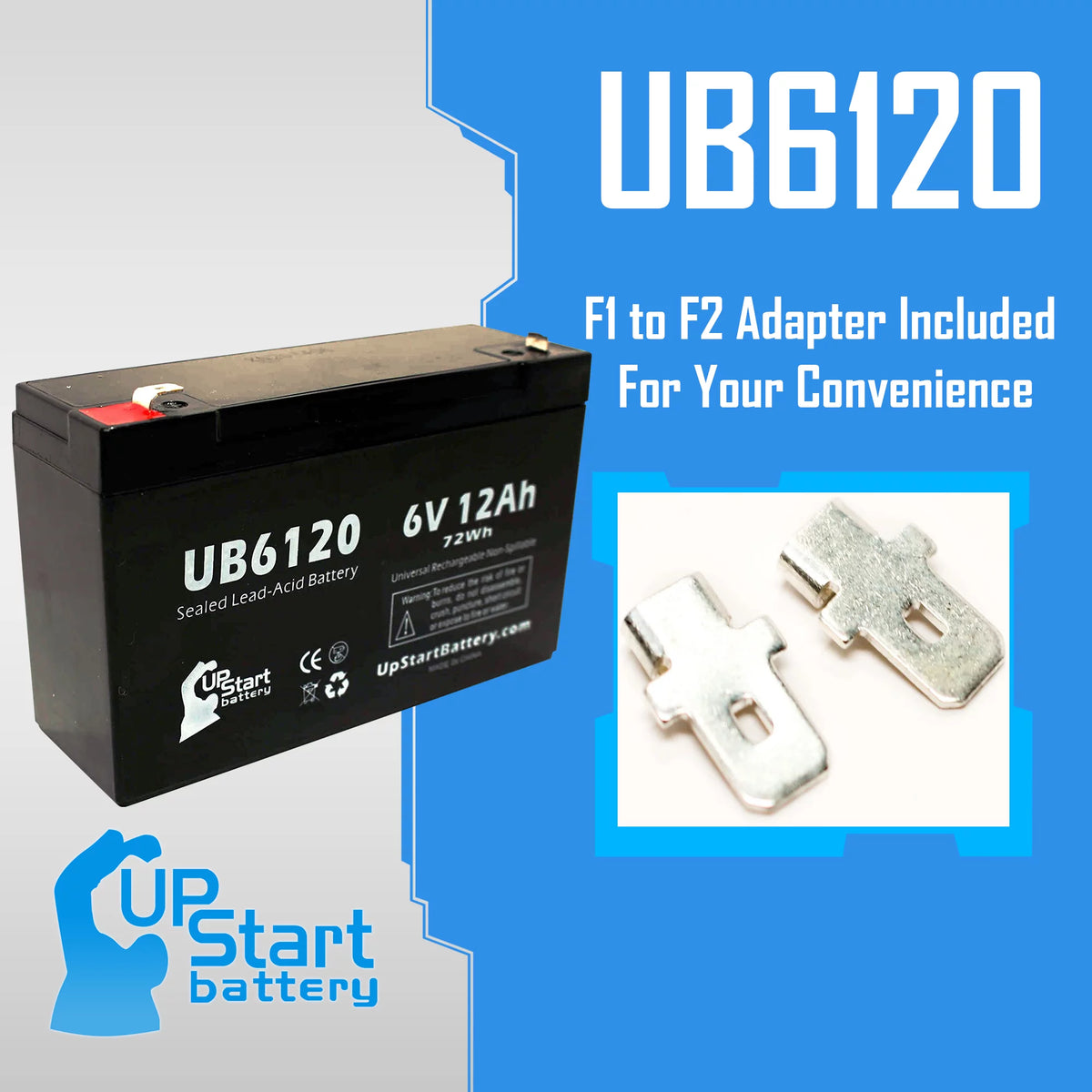 6V 12Ah Sealed Lead Acid Battery with F1 to F2 Terminal Adapters Y170