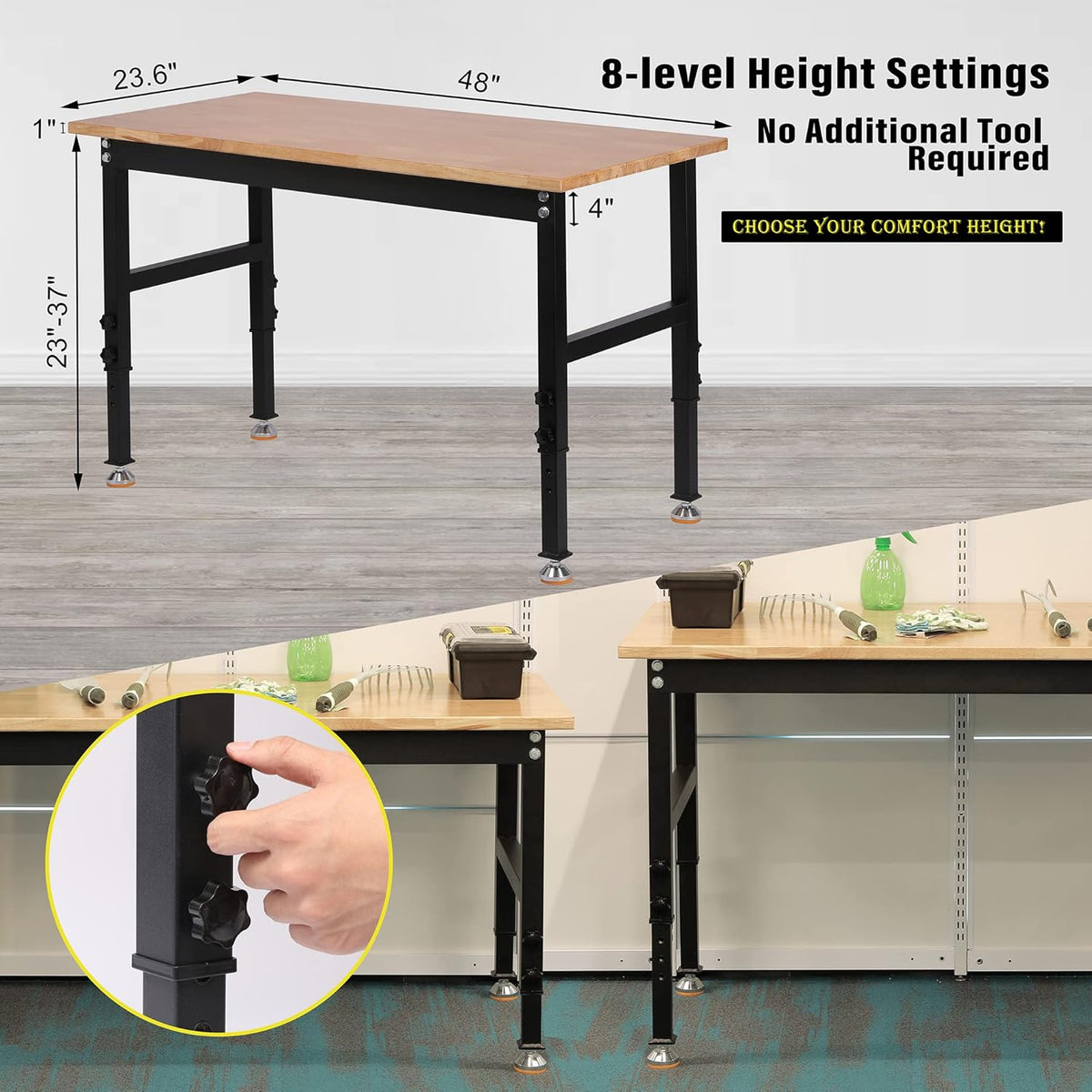 48 Heavy-Duty Adjustable Workbench Rubber Wood Shop Table N4687