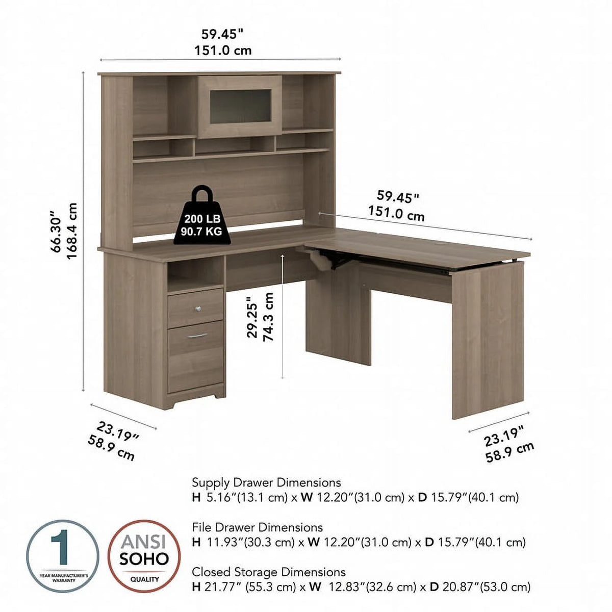 Ash Gray Engineered Wood Sit to Stand L Desk with Hutch H78525