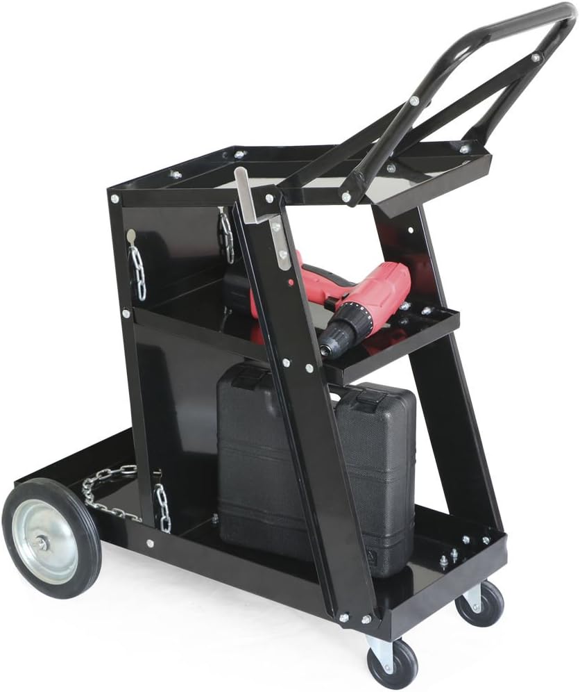 Black Heavy Duty Rolling Welding Cart with Wheels and Tank Storage Z625