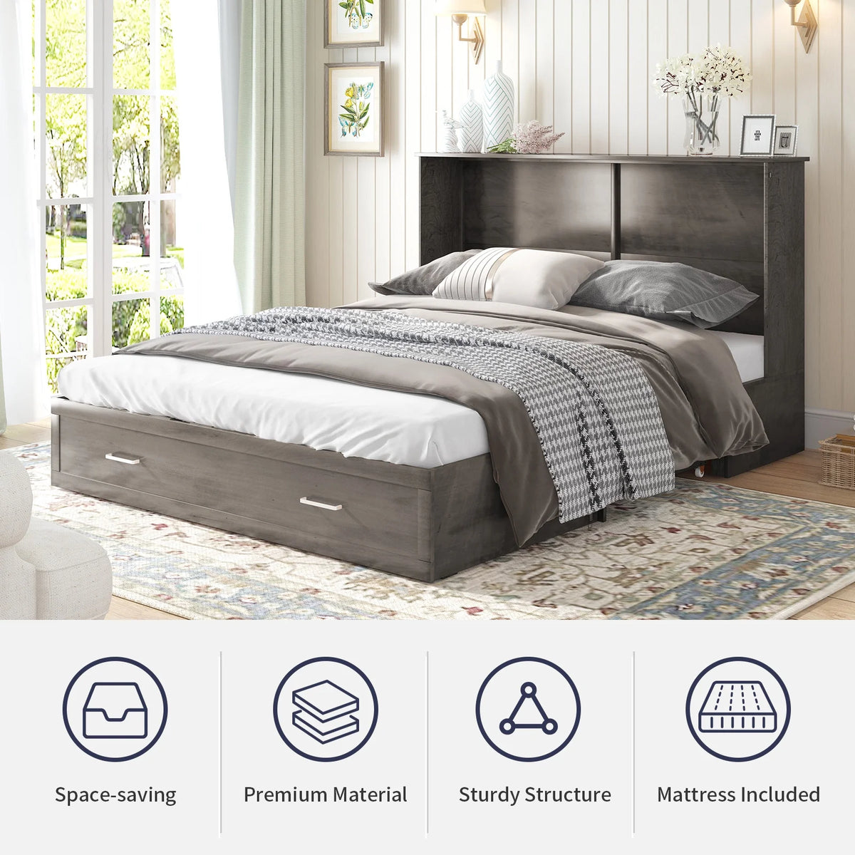 Queen Size Grey Murphy Cabinet Bed with USB Charging Station A36928