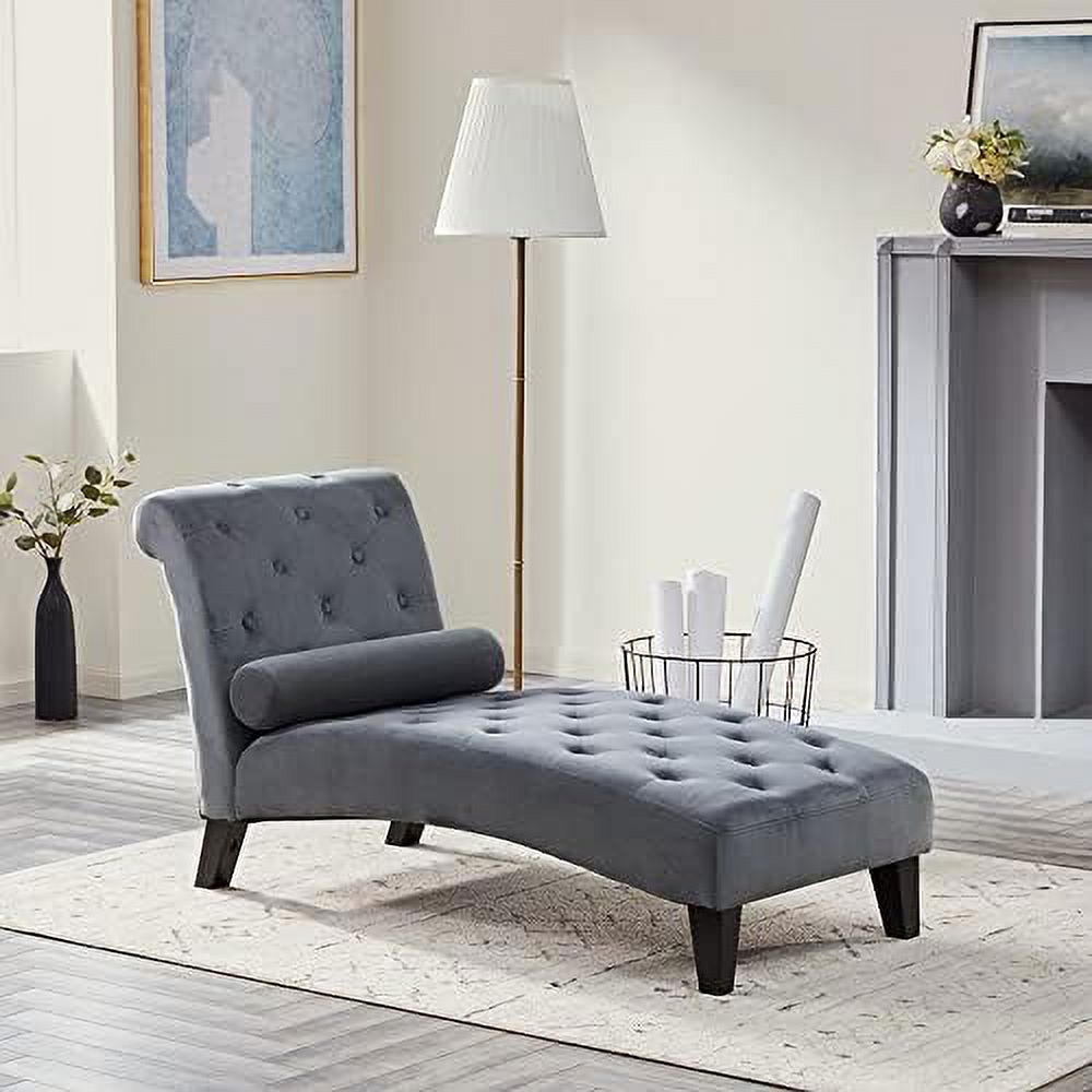 Beige Upholstered Chaise Lounge Sofa with Button Tufted Back and Hardwood Legs V8377