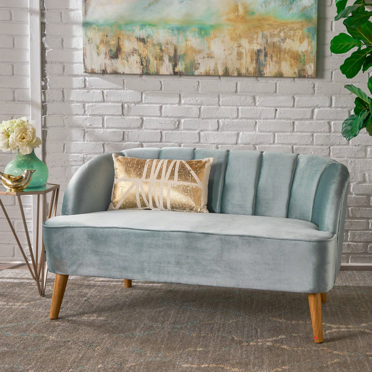Seafoam Blue Velvet Settee P460