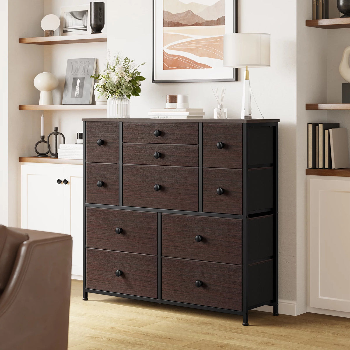 11 Fabric Drawers Dresser Chest of Drawers Faux Leather Rustic Brown Wood Top C593