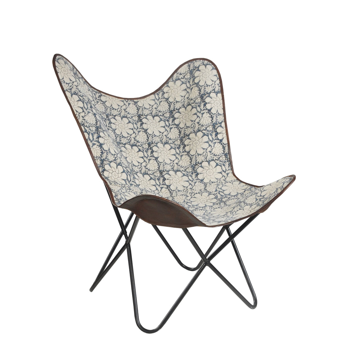 Blue/White/Brown Floral Canvas Faux Leather Butterfly Chair S8258