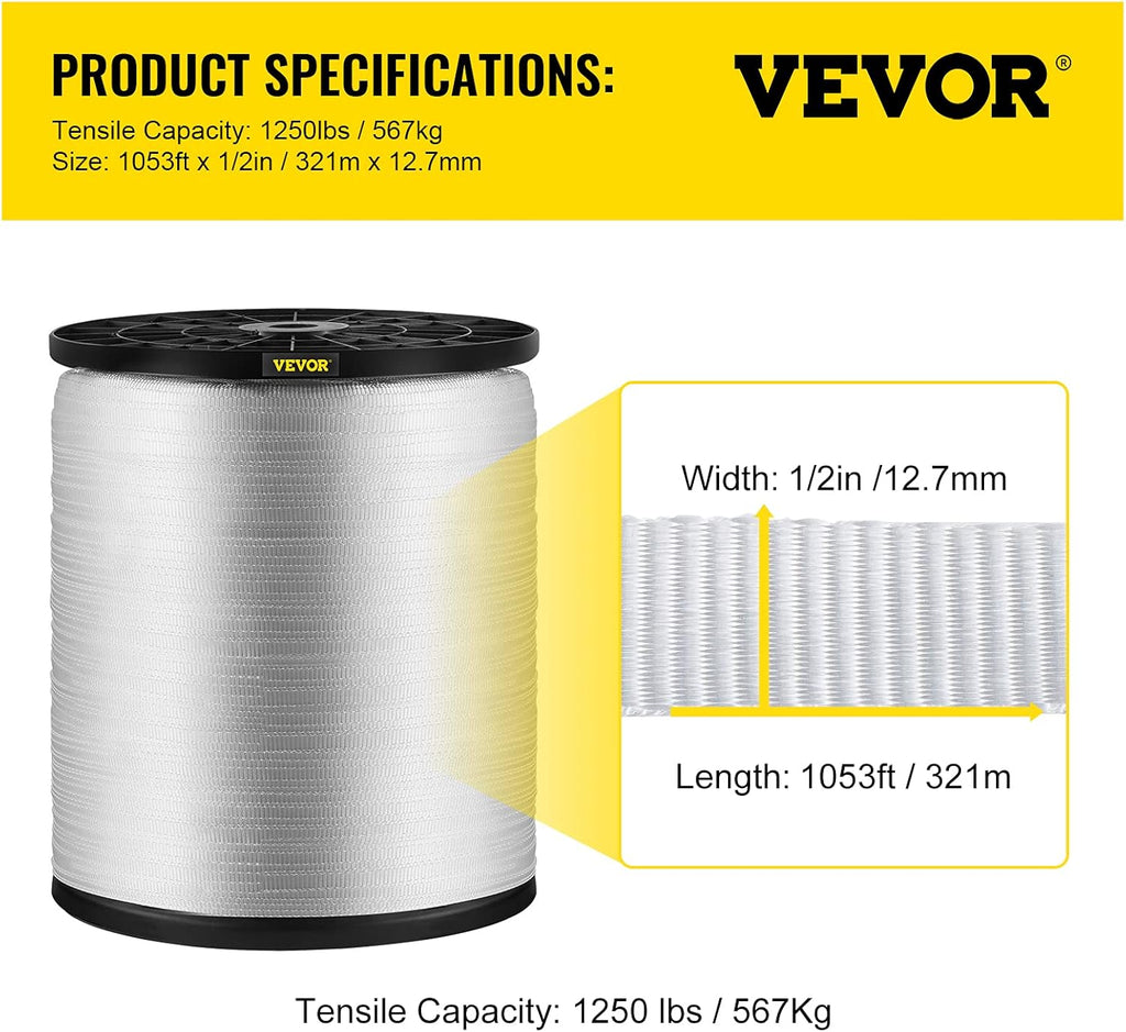 1250Lbs Polyester Pull Tape, 1053' x 1/2" Flat Tape, Pack of 2 Z476
