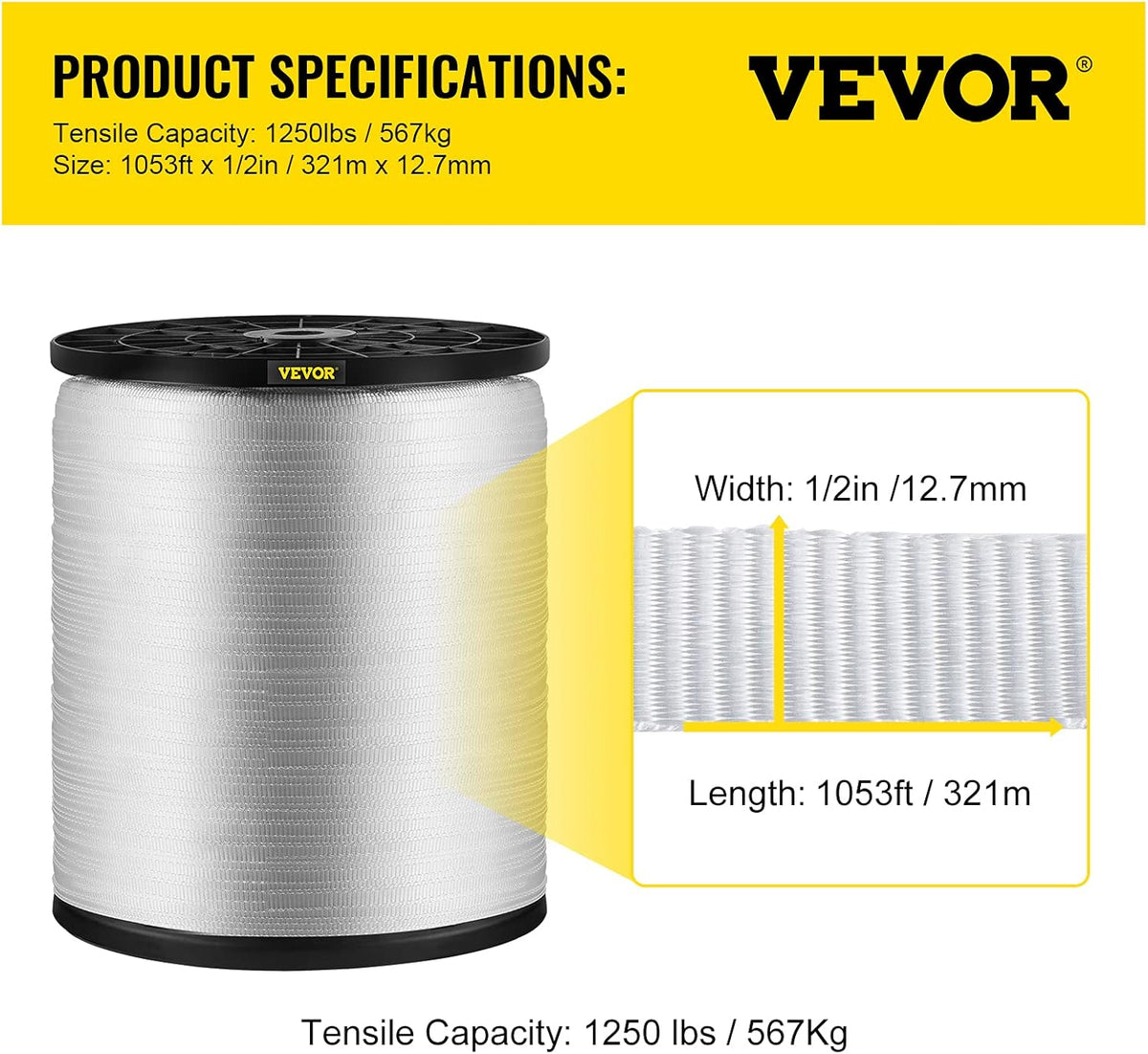 1250Lbs Polyester Pull Tape, 1053' x 1/2" Flat Tape, Pack of 2 Z476