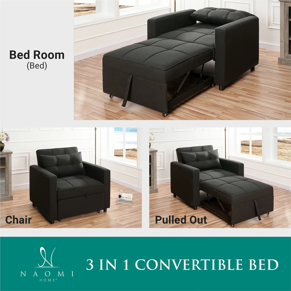 Black 3 in 1 Convertible Chair Bed Sleeper with Pillow S631867
