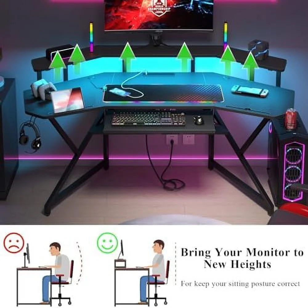 72" Gaming Desk with Power Outlet & Led Strip A352
