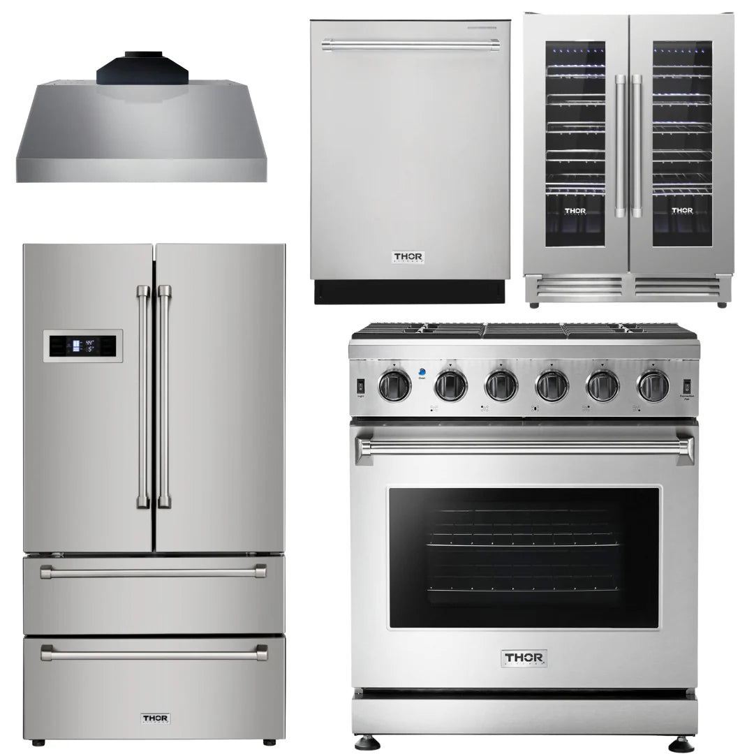 30 Gas Range, Range Hood, Refrigerator, Dishwasher, Wine Cooler E49288