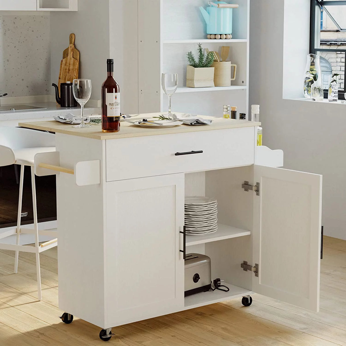 White Rolling Kitchen Island with Storage Cabinet M720