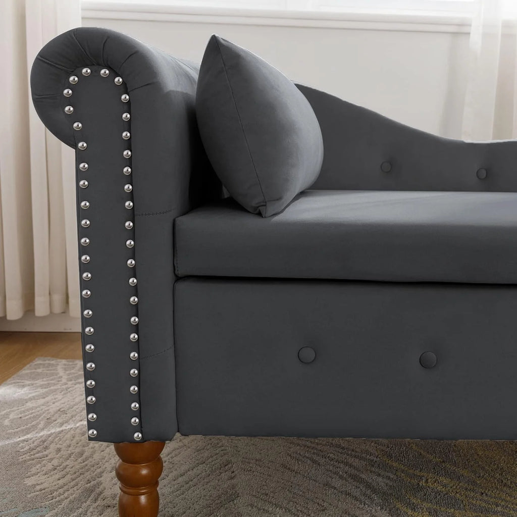 Black Velvet Chaise Lounge Chair with Storage & Pillow Y4743