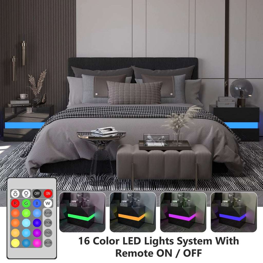 Black LED Nightstand Set of 2 with 2 Storage Drawers L1425
