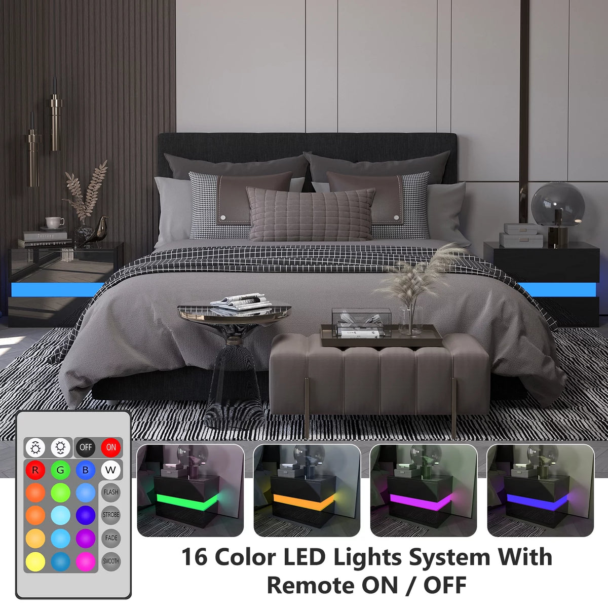 Black LED Nightstand Set of 2 with 2 Storage Drawers L1425