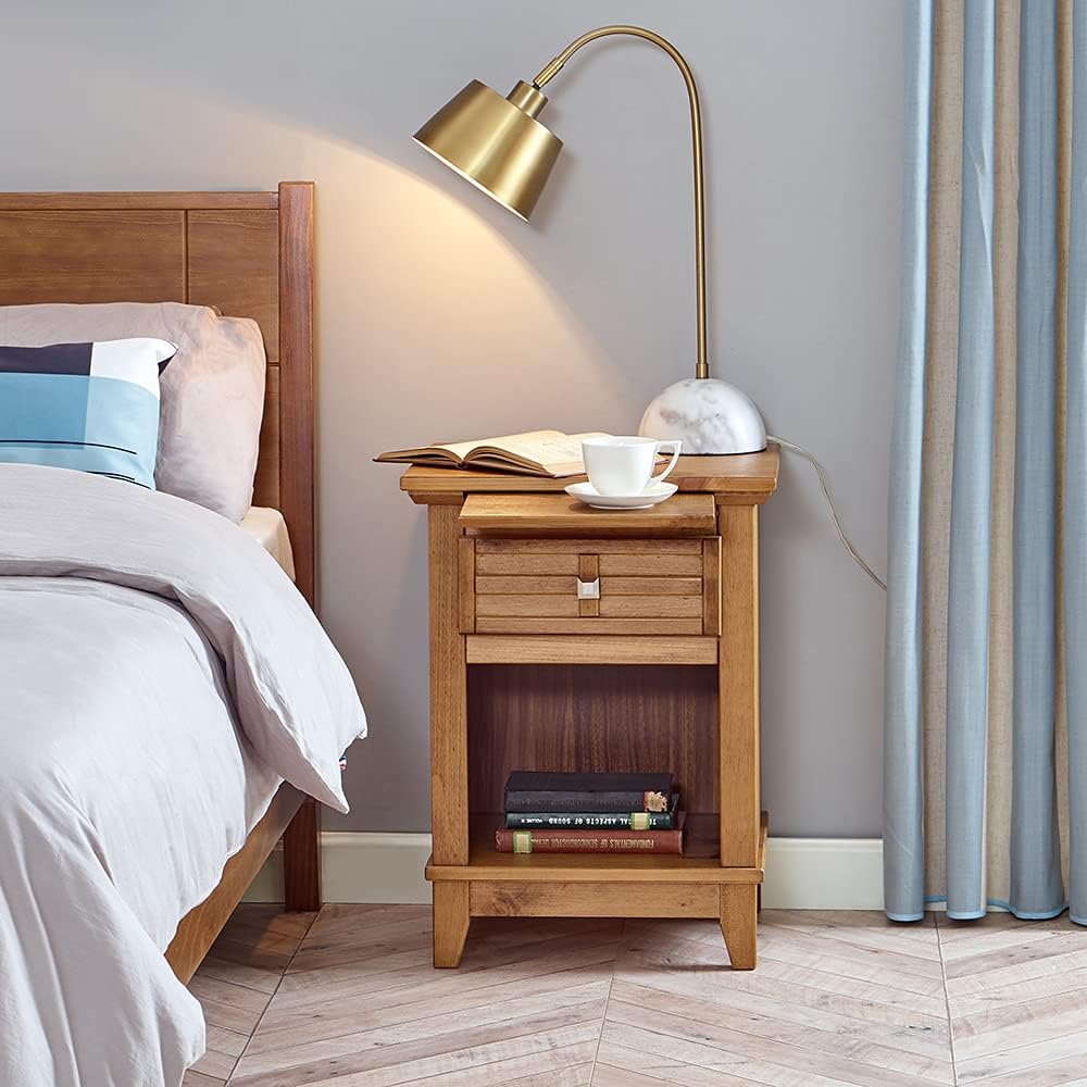 Teak Finish Wood Nightstand with Drawer and Pull-Out Tray K47367