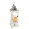 Faded White Wood Lantern with Metal Top & Glass Windows W127