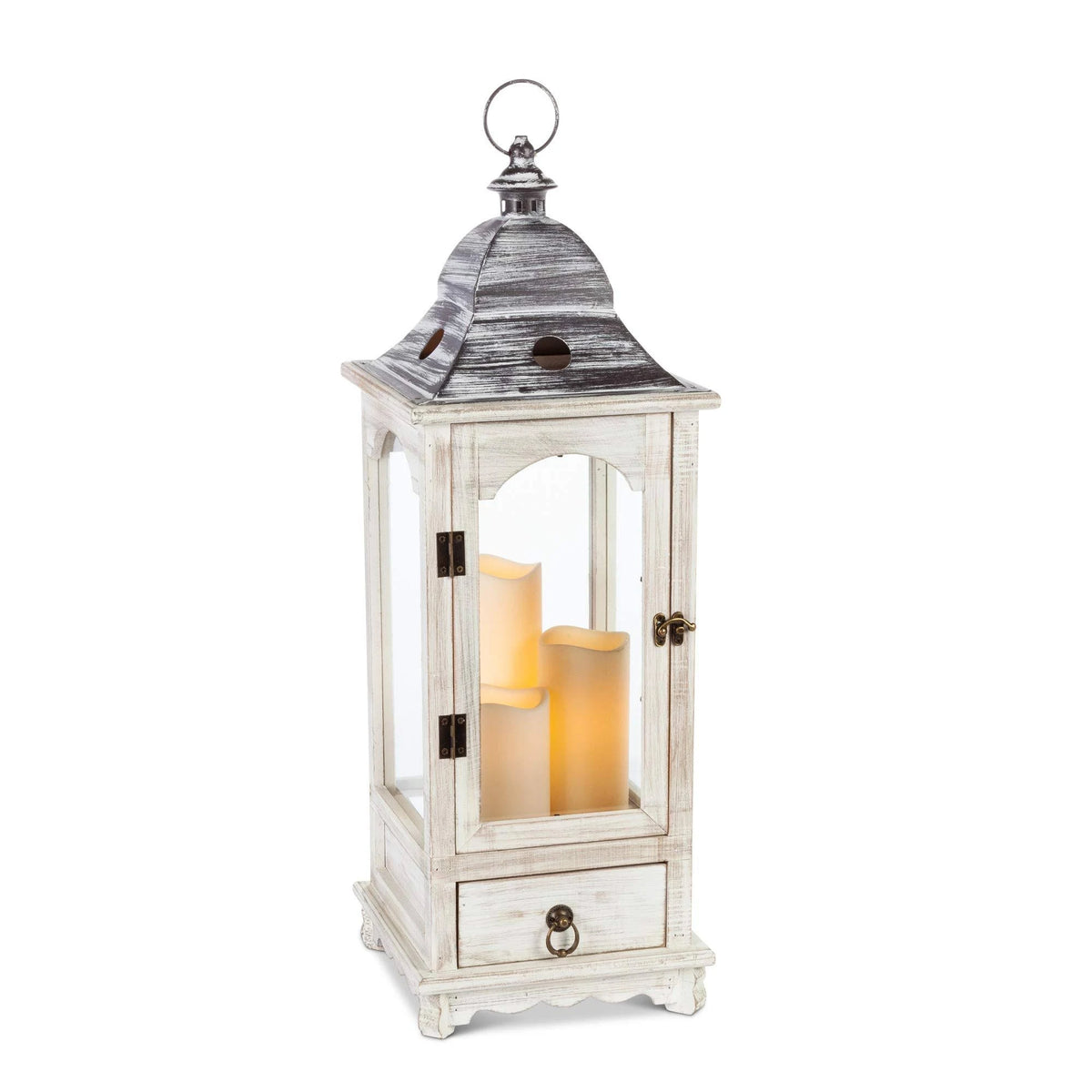 Faded White Wood Lantern with Metal Top & Glass Windows W127