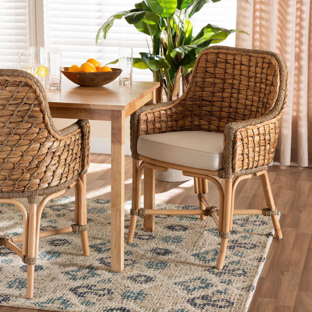 Natural Brown Woven Rattan Dining Arm Chair with Cushion U544633
