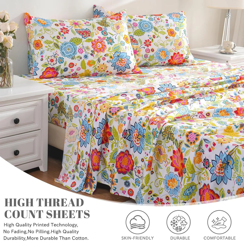 Queen Size 4 Piece Microfiber Floral Bed Sheets L277