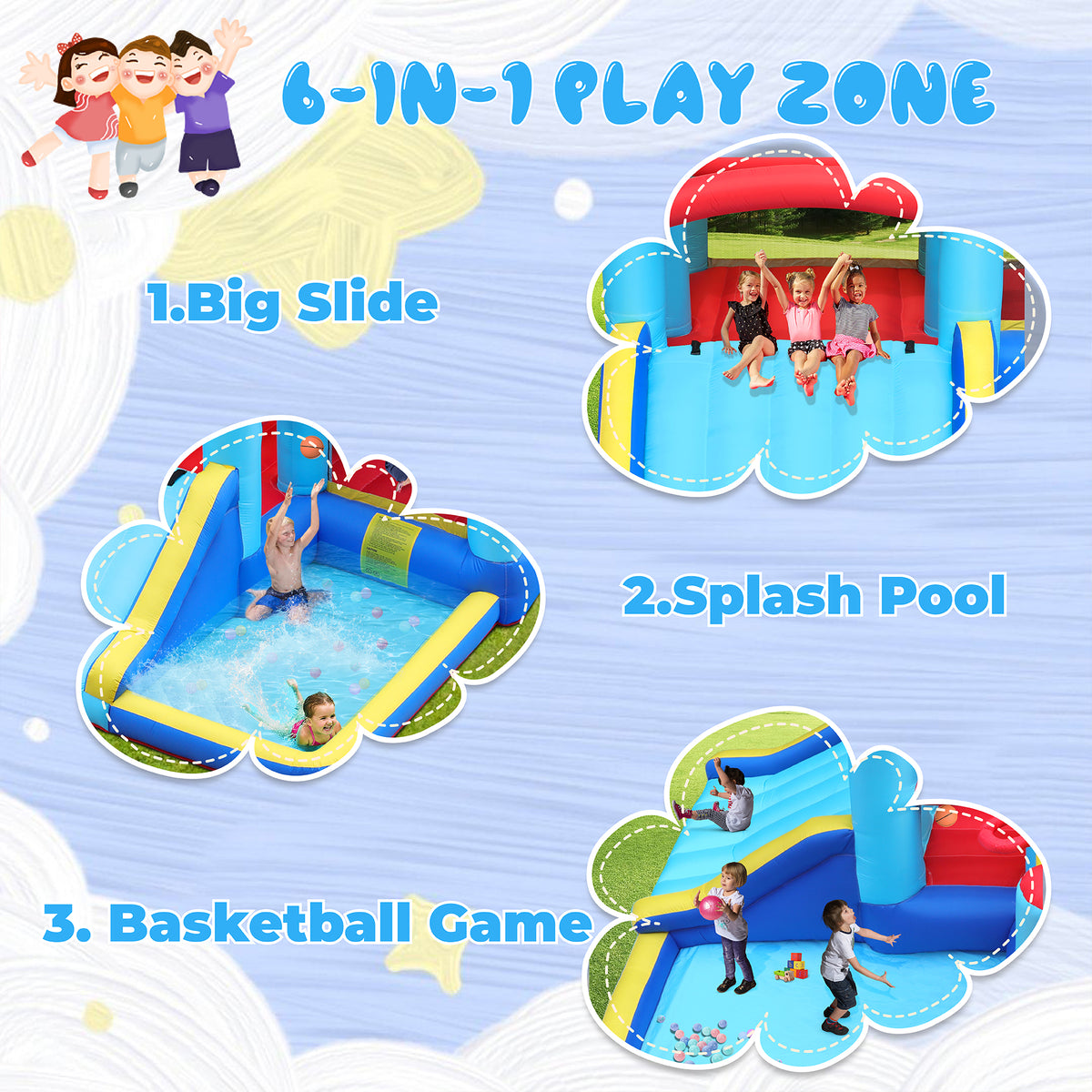 Inflatable Water Slide Bounce House with Splash Pool & Basketball Rim N864418