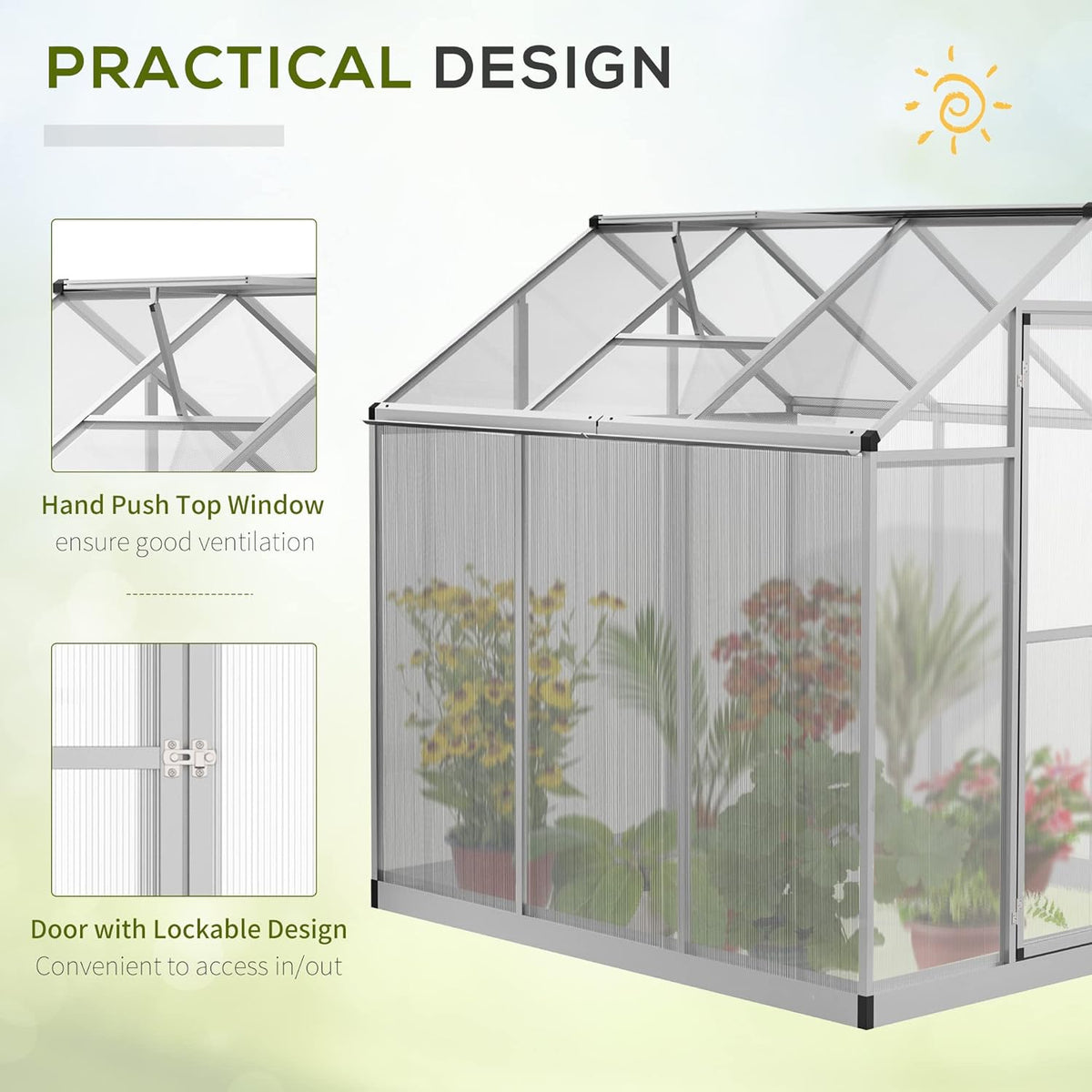 Walk-in Polycarbonate Greenhouse with Roof Vent T59185