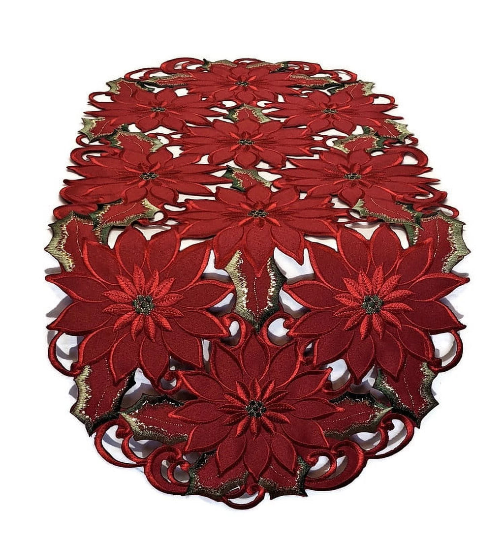 Christmas Table Runner with Red Cutwork Poinsettias, 34 x 15 inches A44734