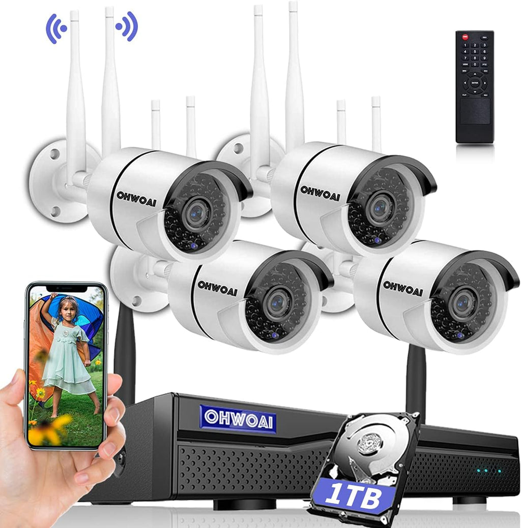 Wireless Security Camera System 8CH NVR 4Pcs Dual Antenna IP Cameras with Floodlights IP66 1TB HDD H719851