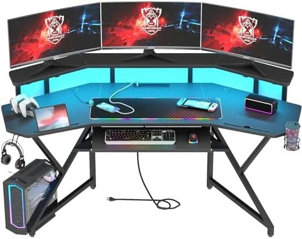 72" Gaming Desk with Power Outlet & Led Strip A352