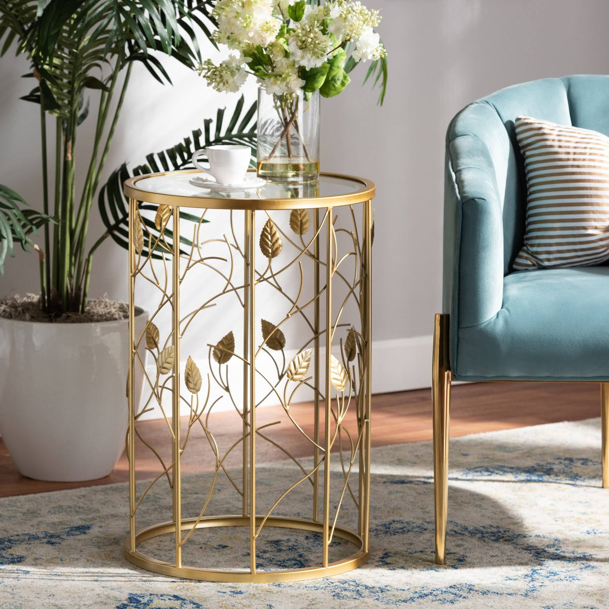 Gold Metal and Glass Leaf Accent End Table O47268