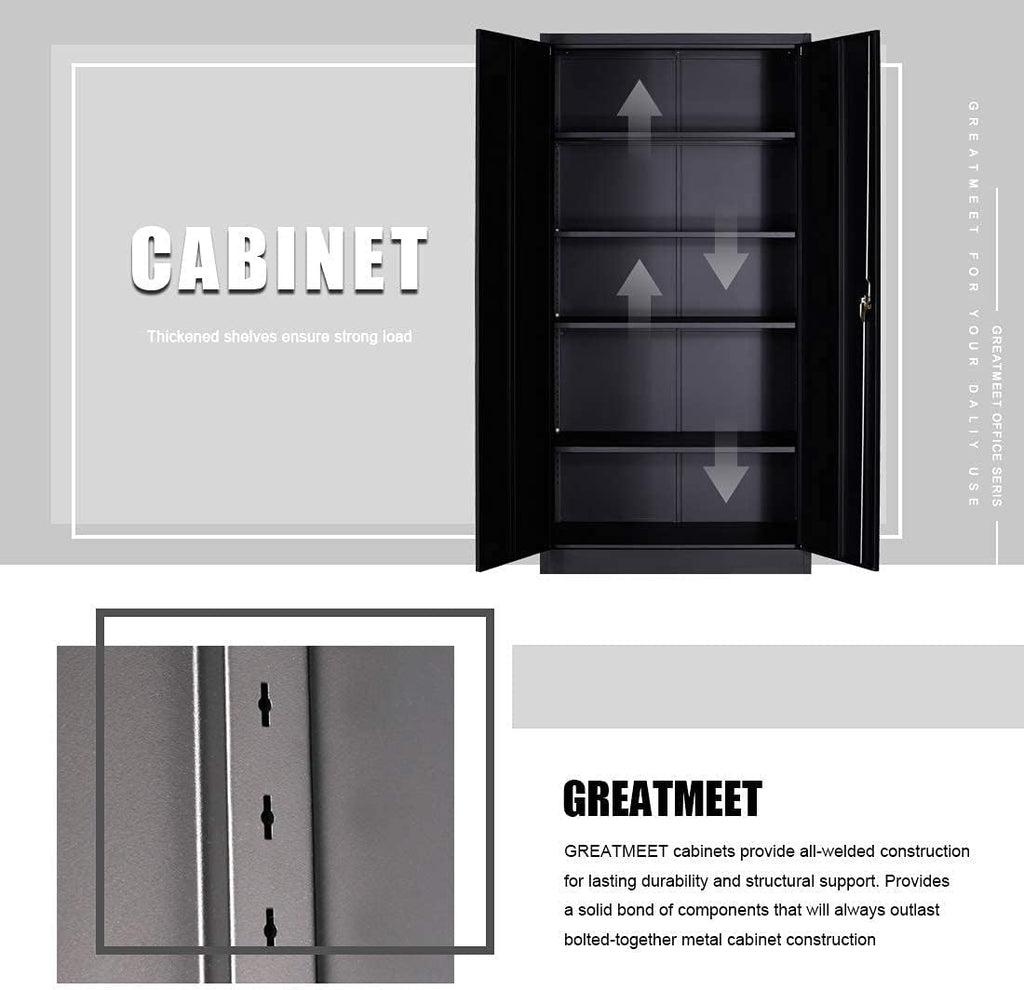 Black 70.8 H Metal Storage Cabinet with 4 Adjustable Shelf and 2 Locking Doors U7395