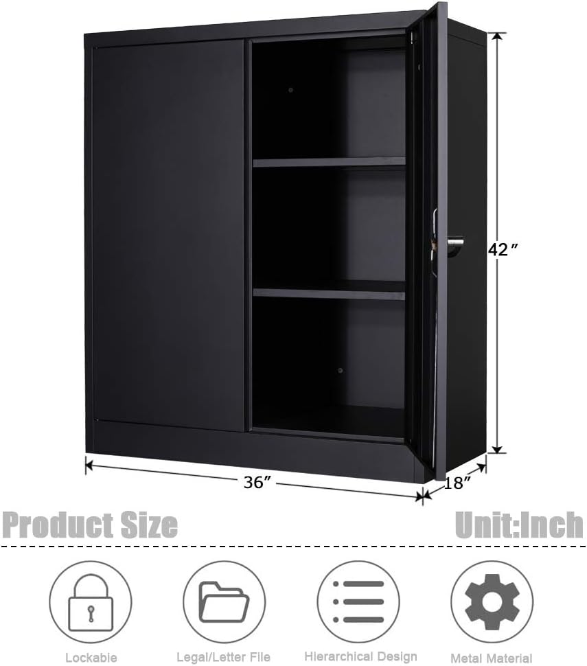 Black 70.8 H Metal Storage Cabinet with 4 Adjustable Shelf and 2 Locking Doors U7395