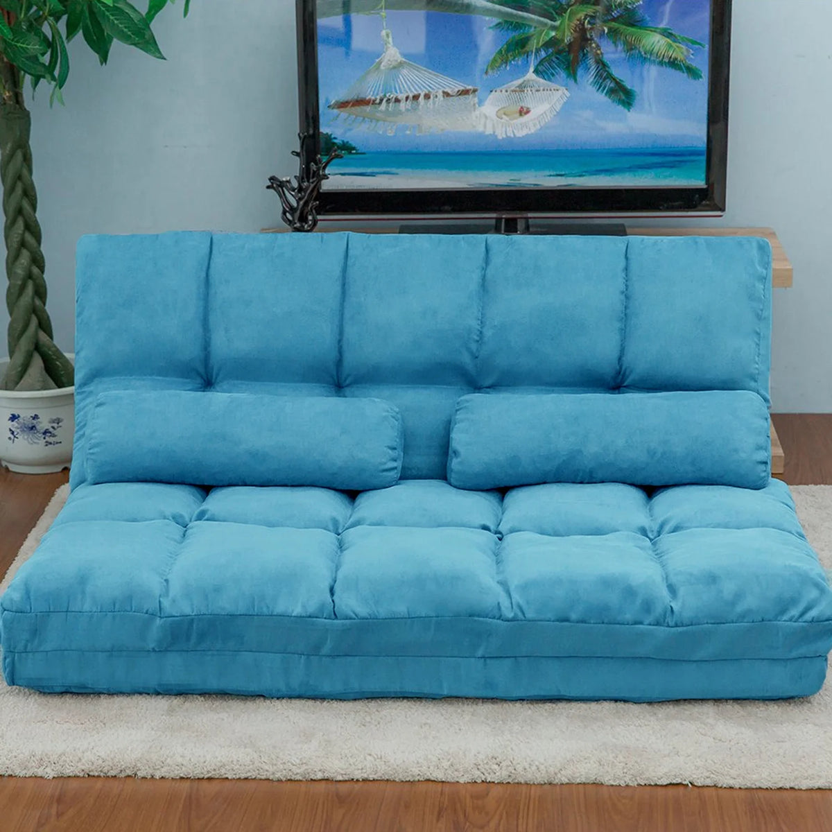 Blue Double Chaise Lounge Sofa with Two Pillows I81761
