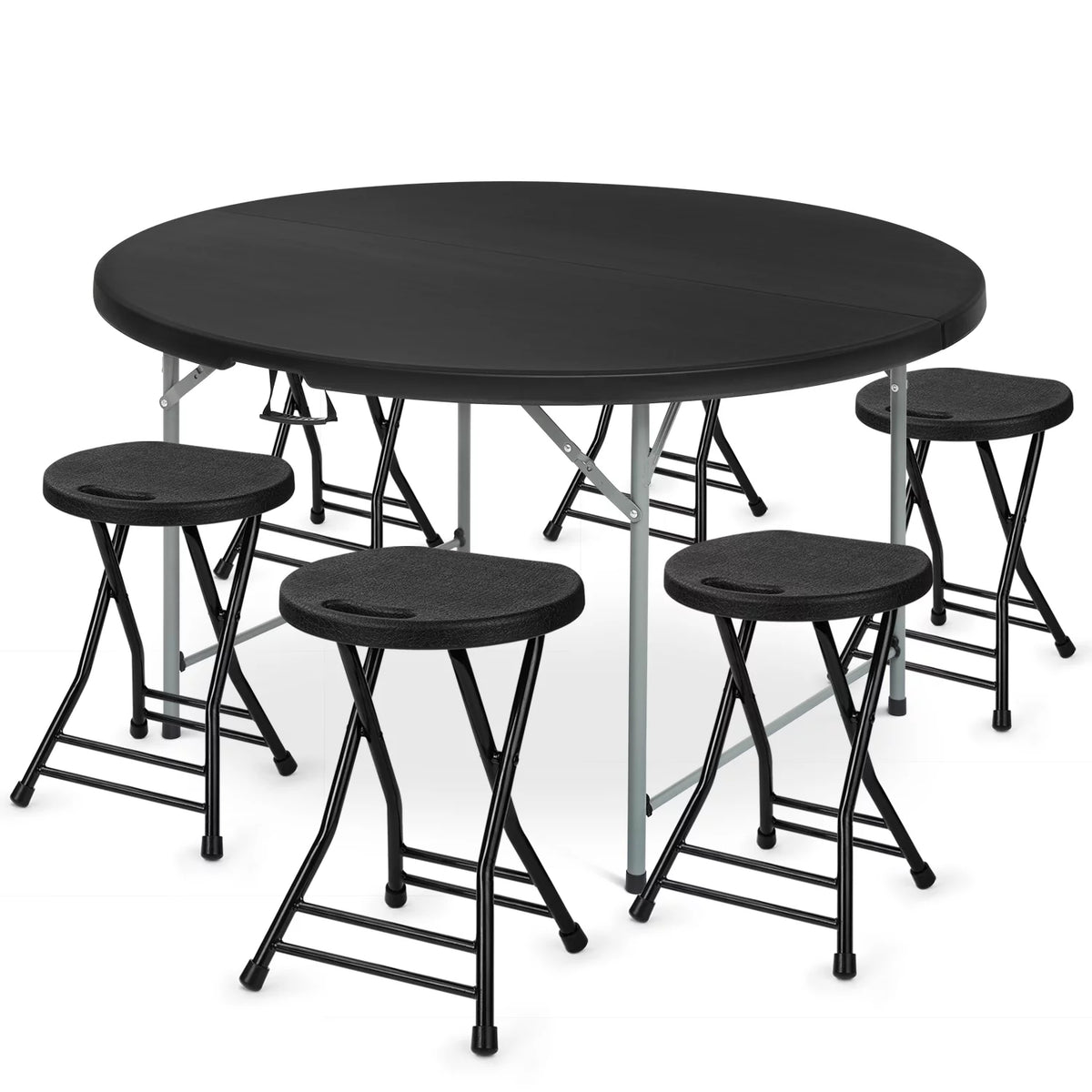 7 Pieces 5 FT Folding Round Table and Chair Set Black J659756