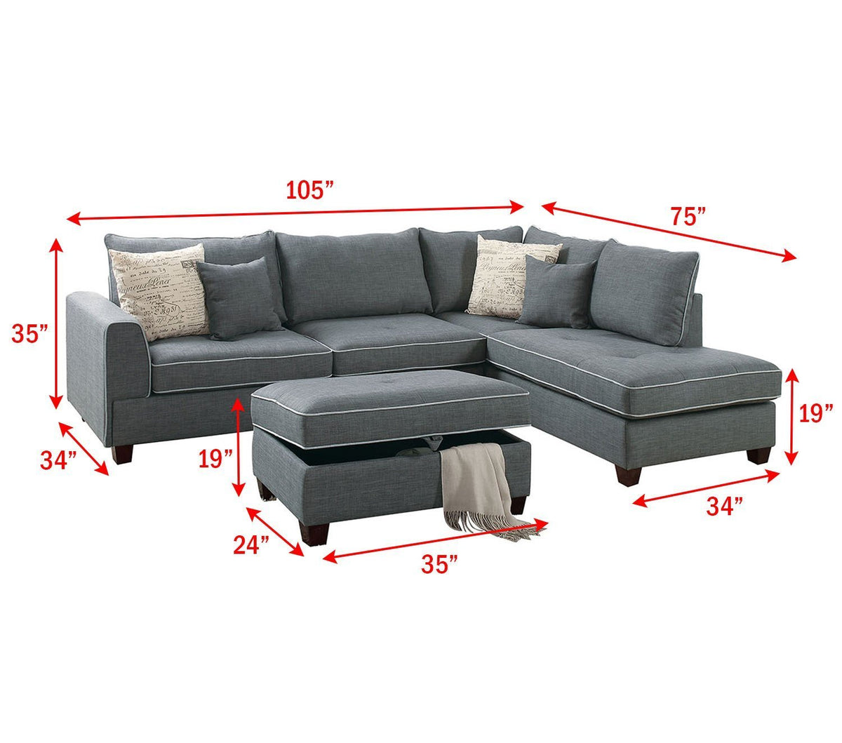 Modern Steel Fabric Reversible Sectional Sofa with 4 Accent Pillows J192