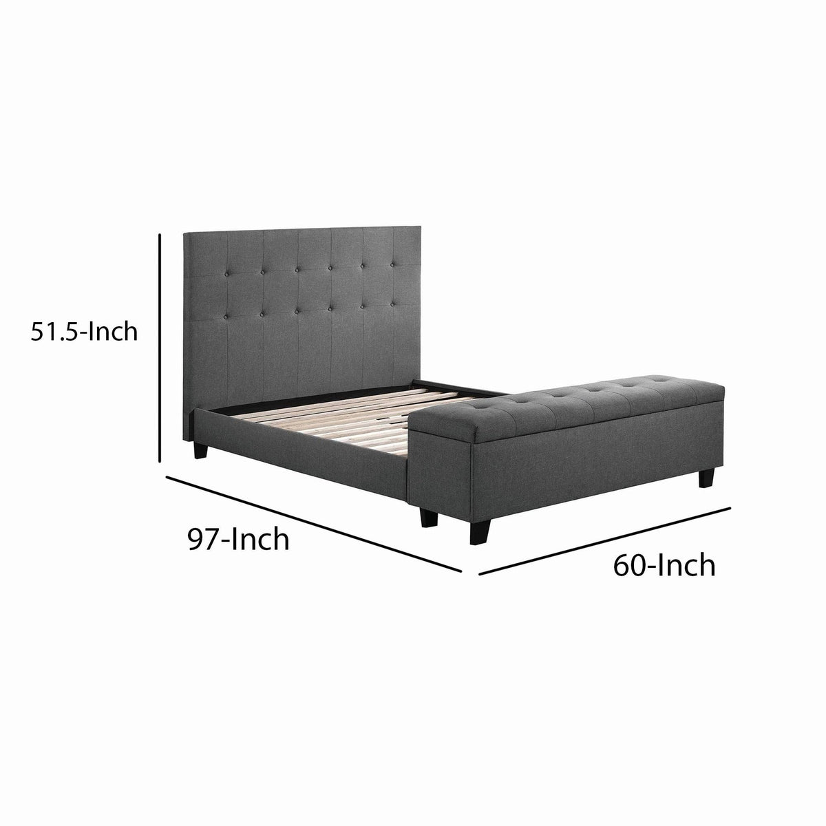 Gray Button Tufted Bed with Attached Storage Bench F5197